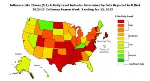 Flu Activity Levels by State - Week ending January 12, 2013 (CDC Map)